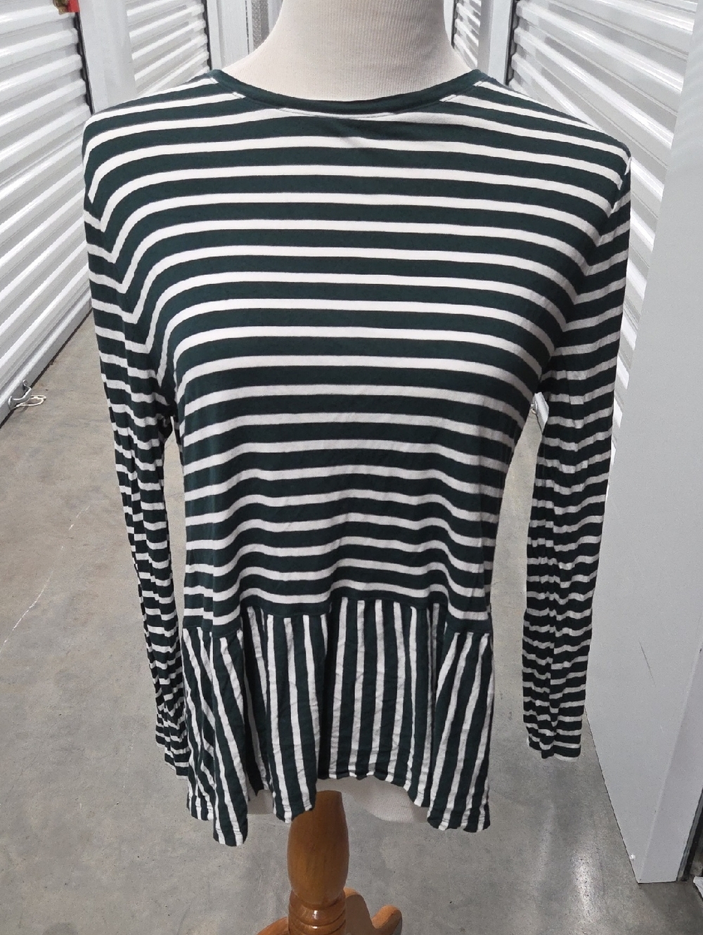 Old Navy Striped Long-Sleeve Peplum Top - Dark Green & White